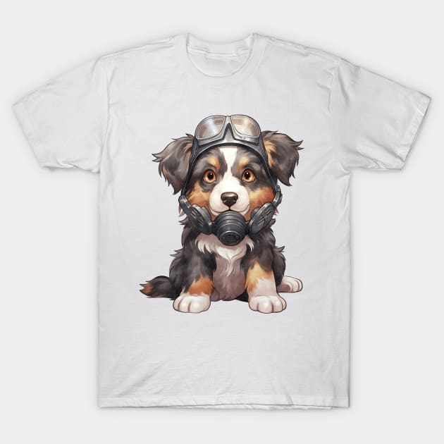 Australian Shepherd Dog Wearing Gas Mask T-Shirt by Chromatic Fusion Studio